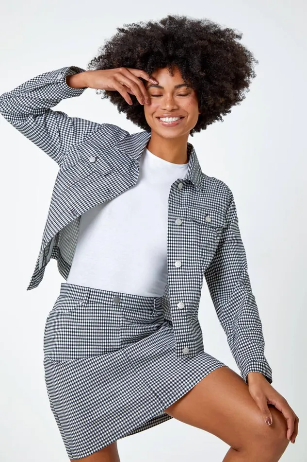Black Gingham Stretch Pocket Detail Jacket Women Roman Jackets