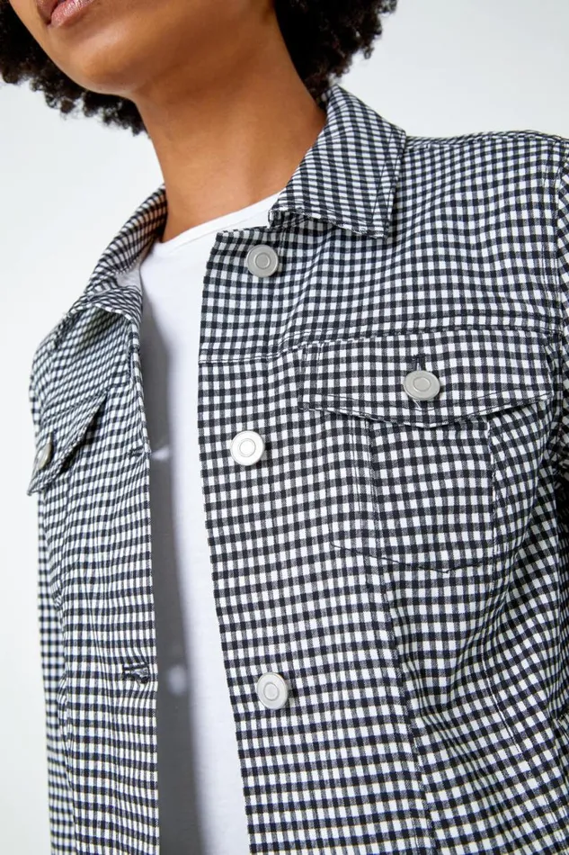 Black Gingham Stretch Pocket Detail Jacket Women Roman Jackets