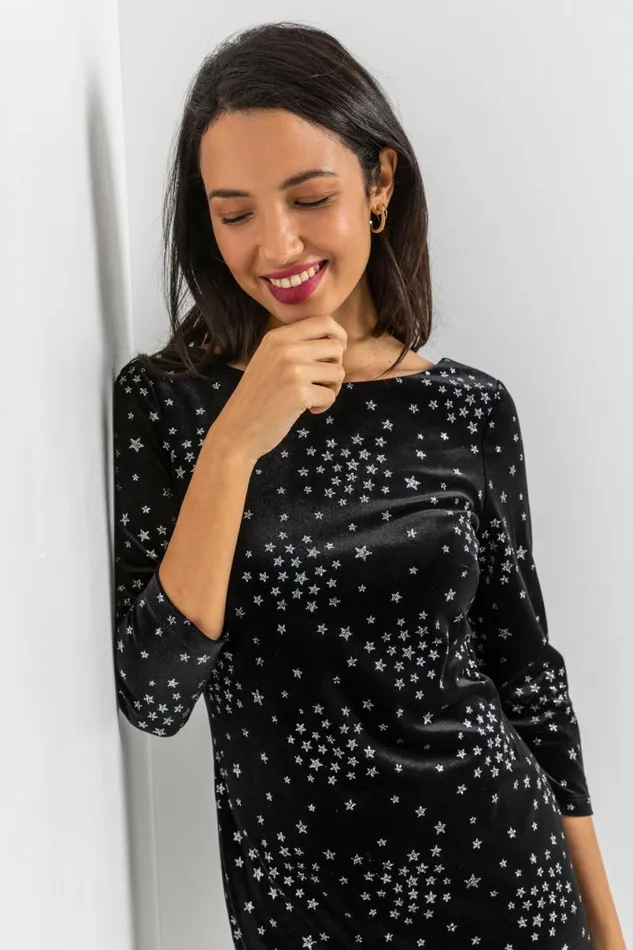 Black Glitter Star Print Velvet Dress Women Roman Dresses