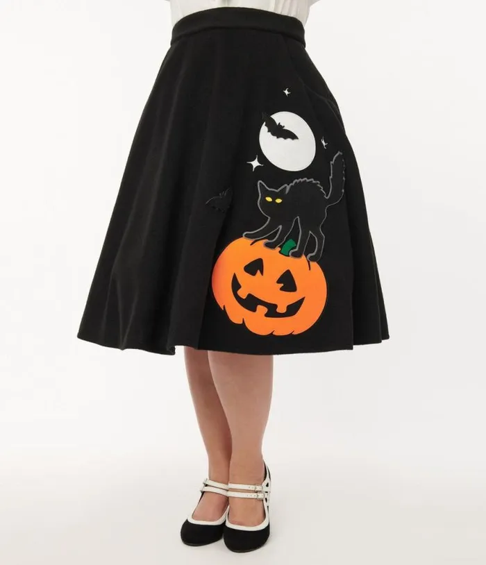 Black Halloween Music Box Soda Shop Swing Skirt ClothingHalloweenPlus Unique Vintage Skirts