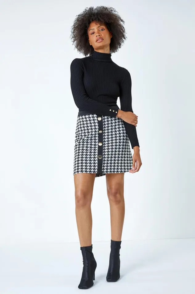 Black Houndstooth Button Detail Stretch Skirt Women Roman Skirts