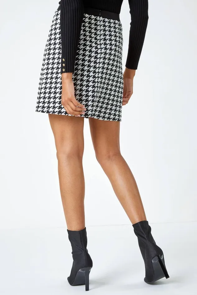 Black Houndstooth Button Detail Stretch Skirt Women Roman Skirts