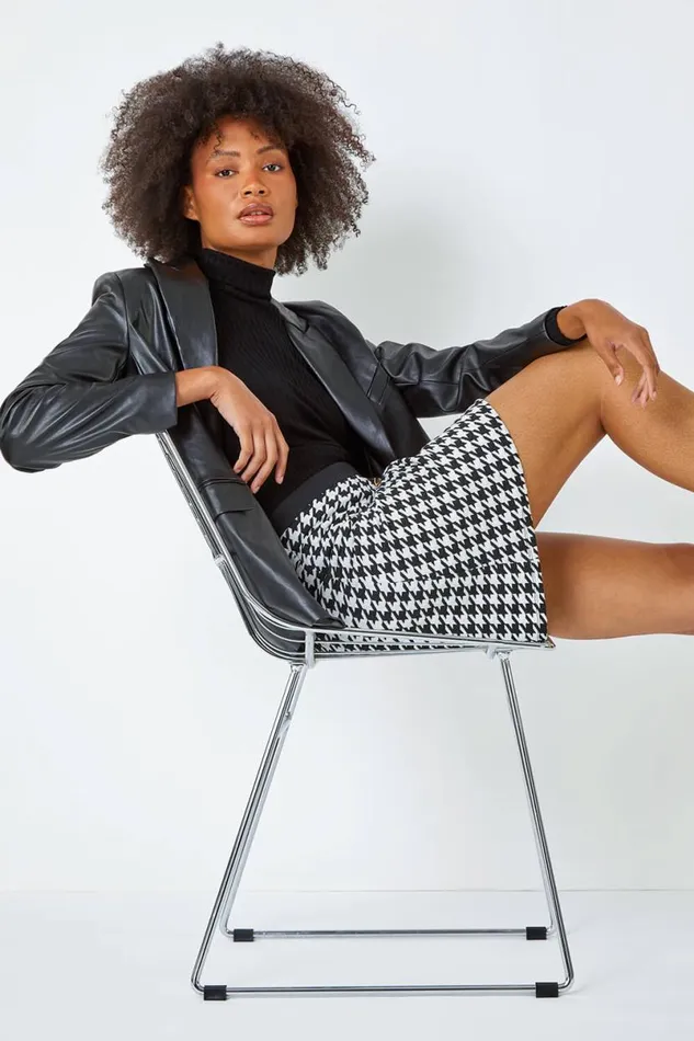 Black Houndstooth Button Detail Stretch Skirt Women Roman Skirts