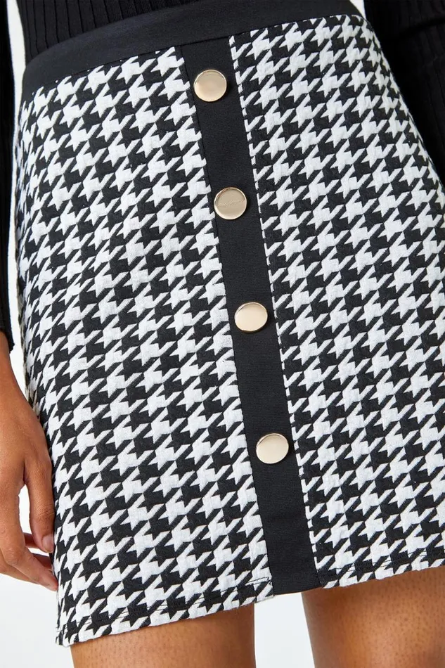 Black Houndstooth Button Detail Stretch Skirt Women Roman Skirts