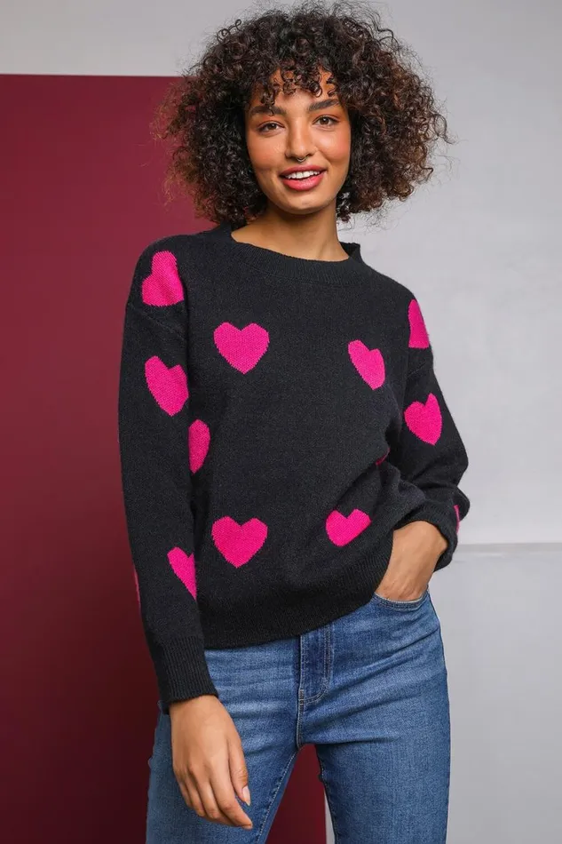 Black Jacquard Heart Print Jumper Women Roman Knitwear
