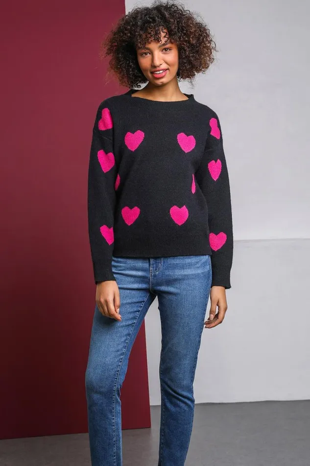 Black Jacquard Heart Print Jumper Women Roman Knitwear