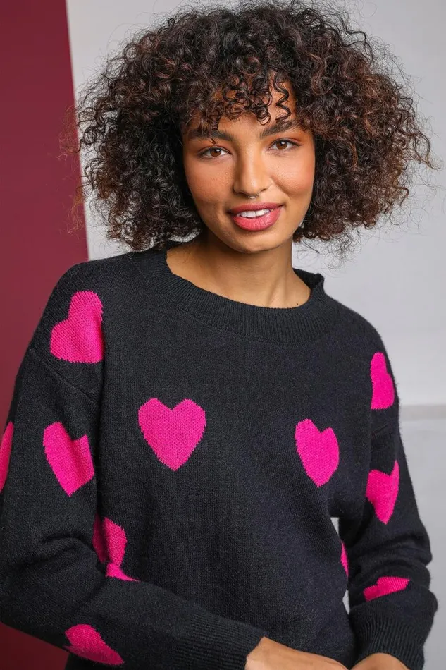 Black Jacquard Heart Print Jumper Women Roman Knitwear