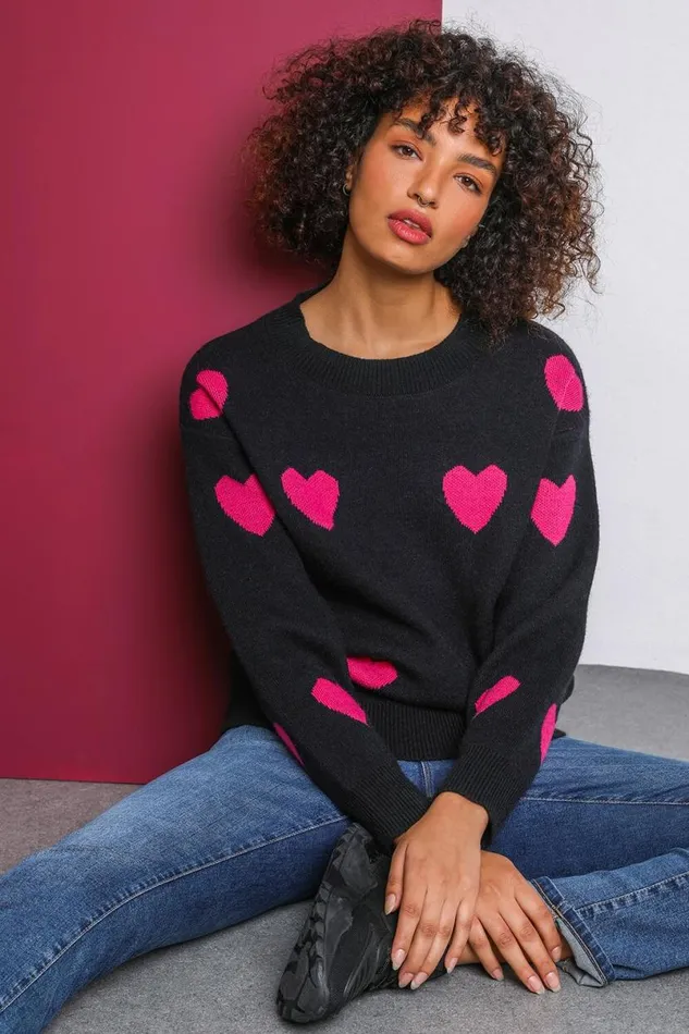 Black Jacquard Heart Print Jumper Women Roman Knitwear
