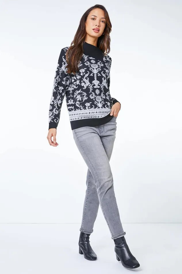 Black Jacquard Print Split Neck Jumper Women Roman Knitwear