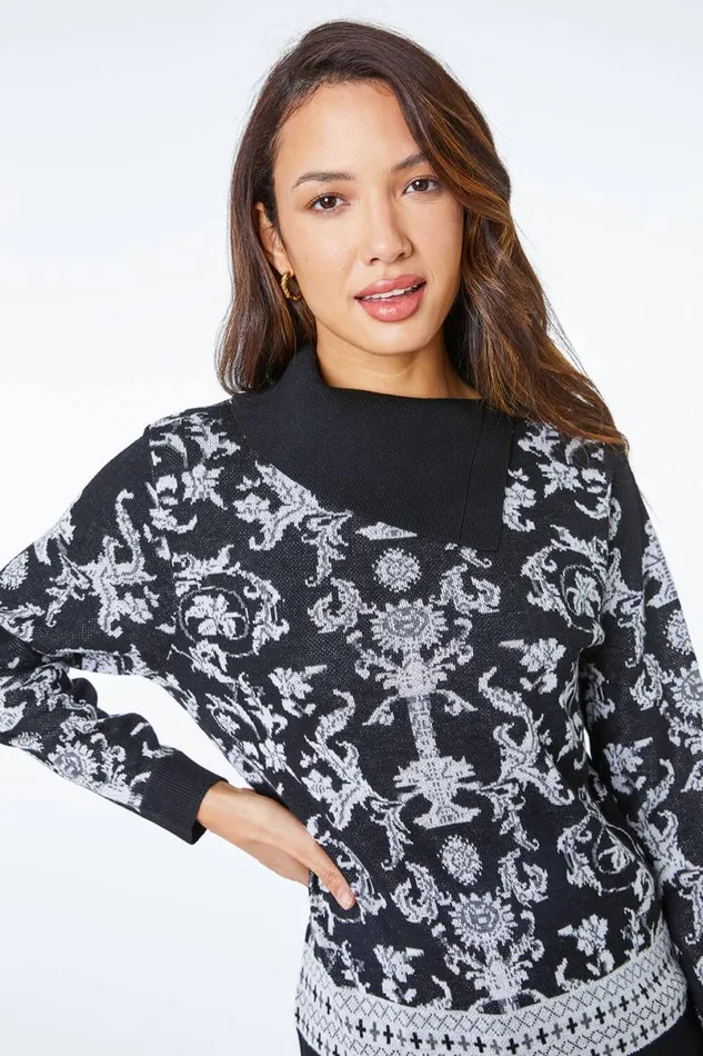 Black Jacquard Print Split Neck Jumper Women Roman Knitwear