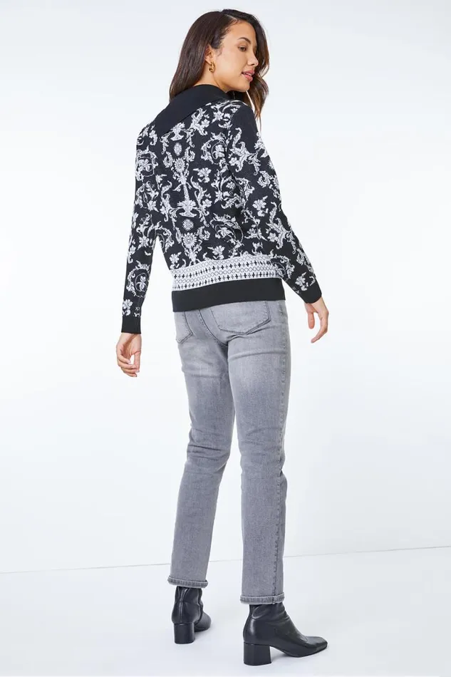 Black Jacquard Print Split Neck Jumper Women Roman Knitwear