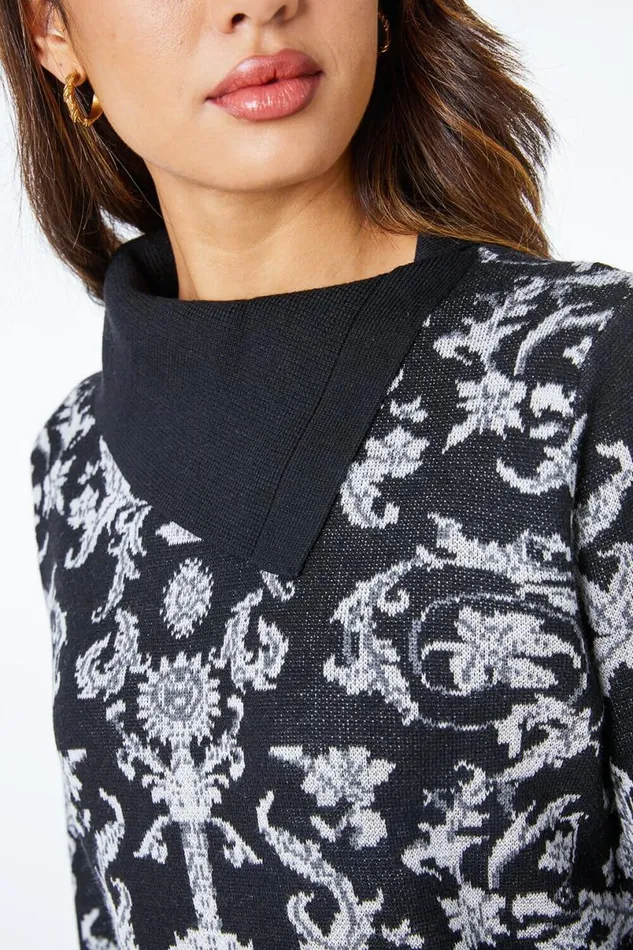 Black Jacquard Print Split Neck Jumper Women Roman Knitwear