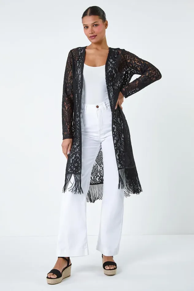 Black Lace Longline Fringed Cardigan Women Roman Knitwear