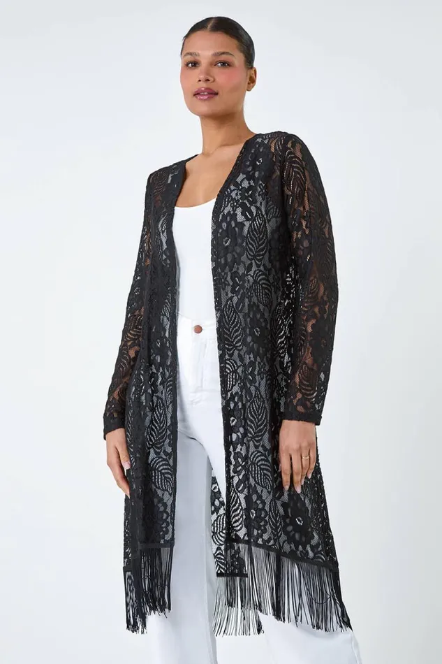 Black Lace Longline Fringed Cardigan Women Roman Knitwear