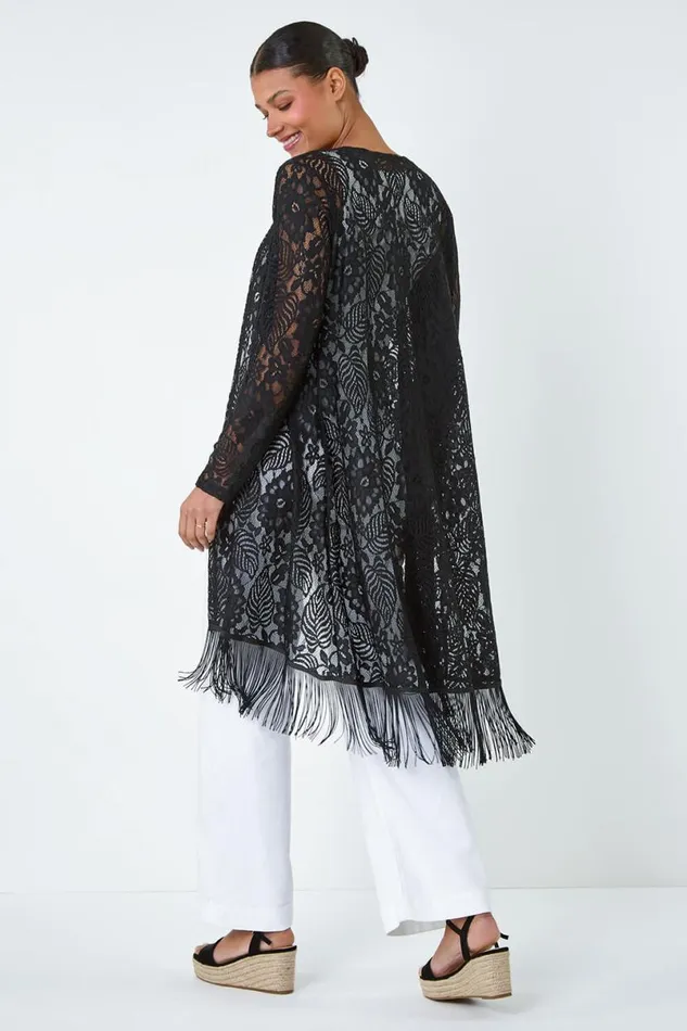 Black Lace Longline Fringed Cardigan Women Roman Knitwear
