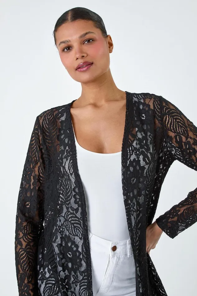 Black Lace Longline Fringed Cardigan Women Roman Knitwear