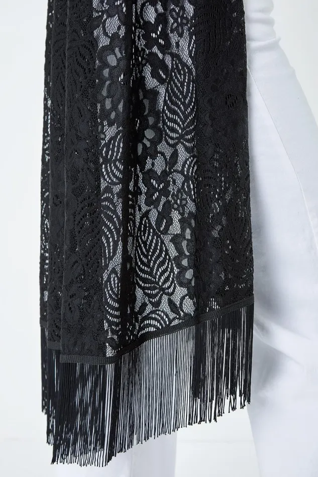 Black Lace Longline Fringed Cardigan Women Roman Knitwear