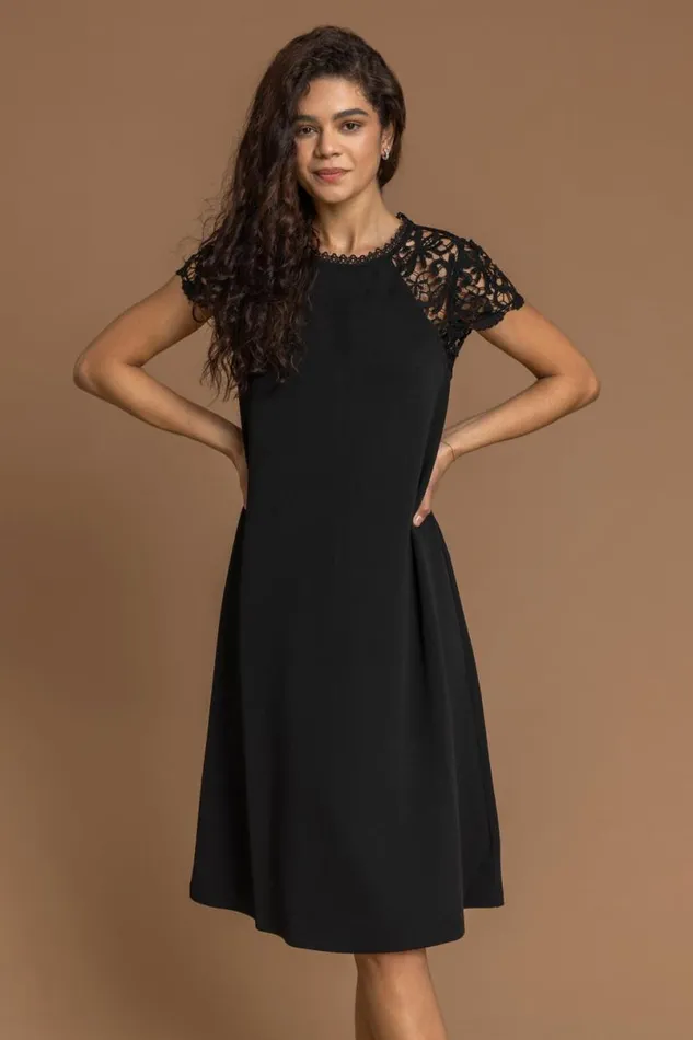 Black Lace Trim High Neck Shift Dress Women Roman Dresses