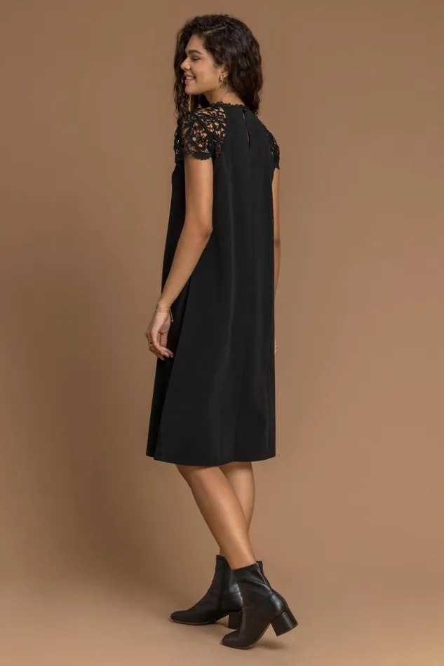 Black Lace Trim High Neck Shift Dress Women Roman Dresses