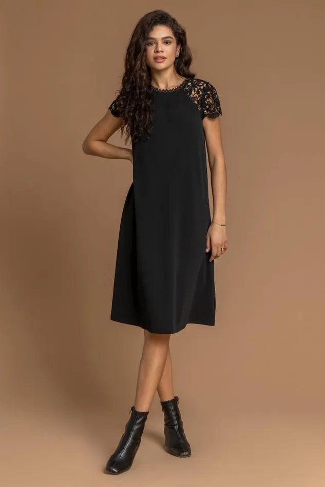 Black Lace Trim High Neck Shift Dress Women Roman Dresses