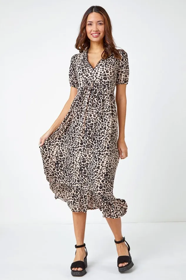 Black Leopard Print Lace Trim Midi Dress Women Roman Dresses