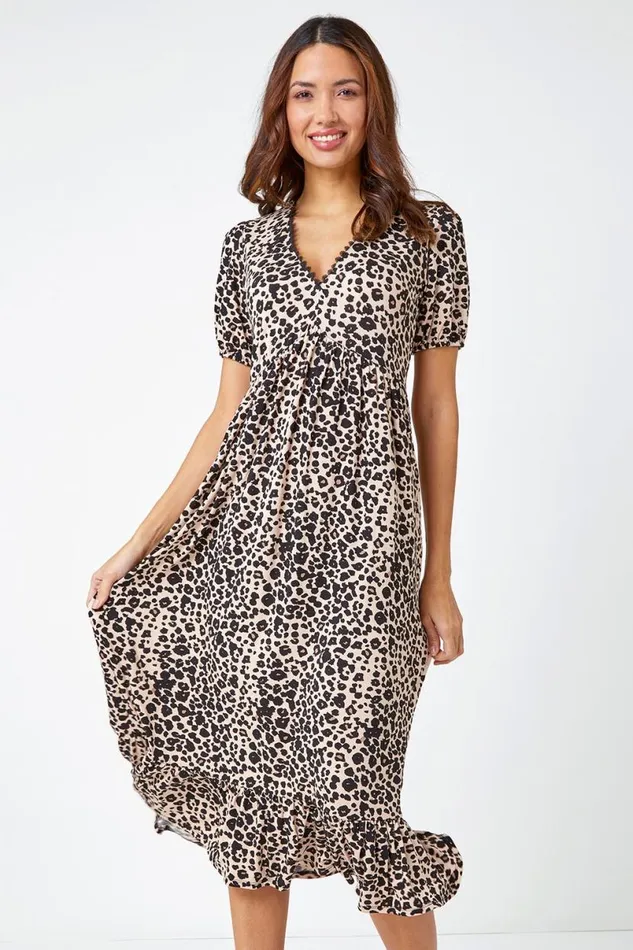 Black Leopard Print Lace Trim Midi Dress Women Roman Dresses