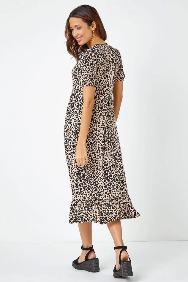 Black Leopard Print Lace Trim Midi Dress Women Roman Dresses