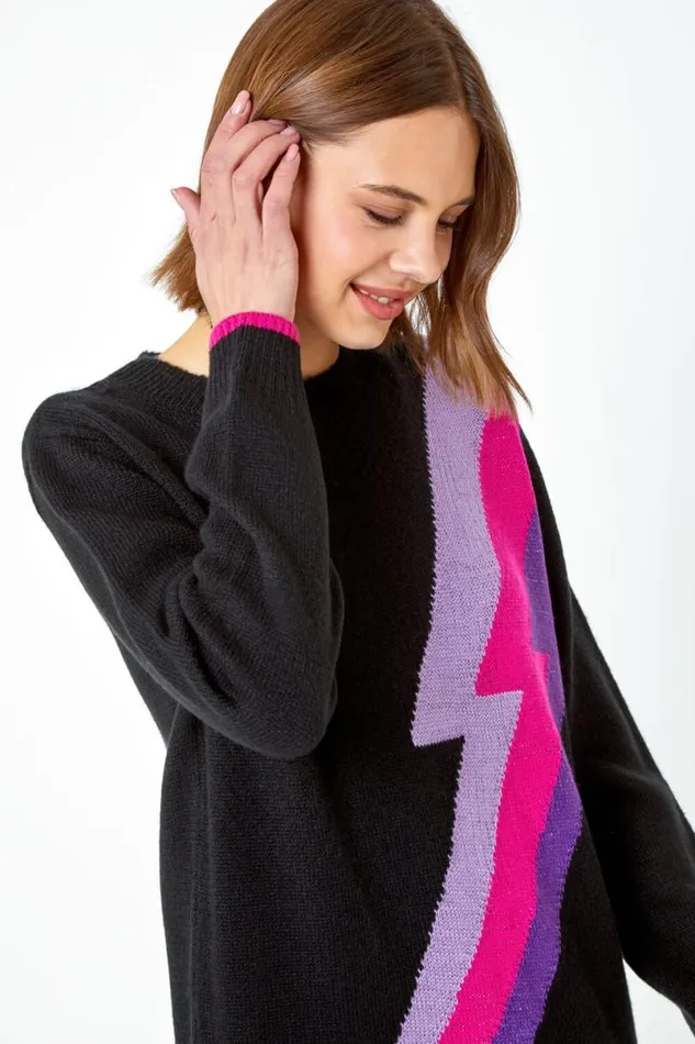 Black Lightning Bolt Knit Jumper Women Roman Knitwear