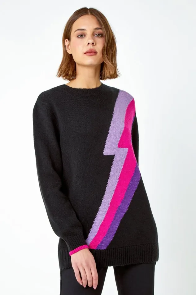Black Lightning Bolt Knit Jumper Women Roman Knitwear