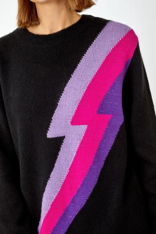 Black Lightning Bolt Knit Jumper Women Roman Knitwear