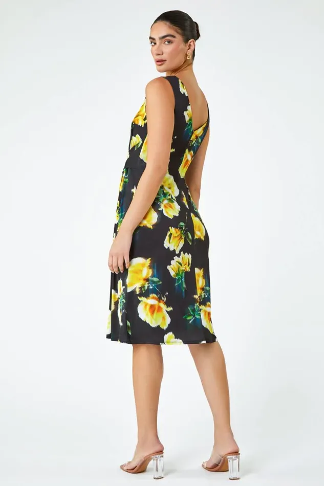 Black LIMITED Floral Twist Detail Ruched Dress Women Roman Dresses