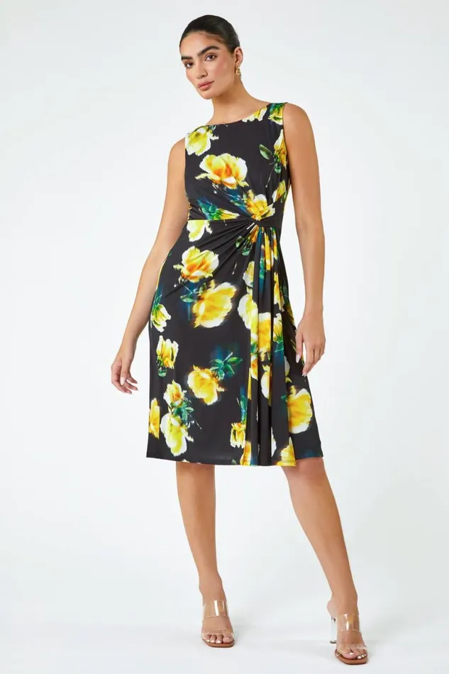 Black LIMITED Floral Twist Detail Ruched Dress Women Roman Dresses