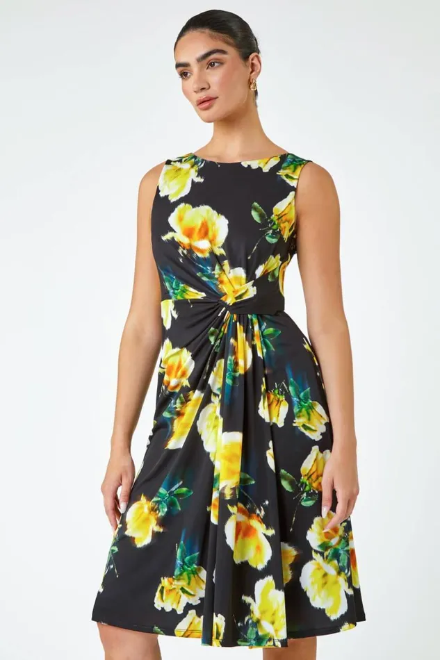 Black LIMITED Floral Twist Detail Ruched Dress Women Roman Dresses