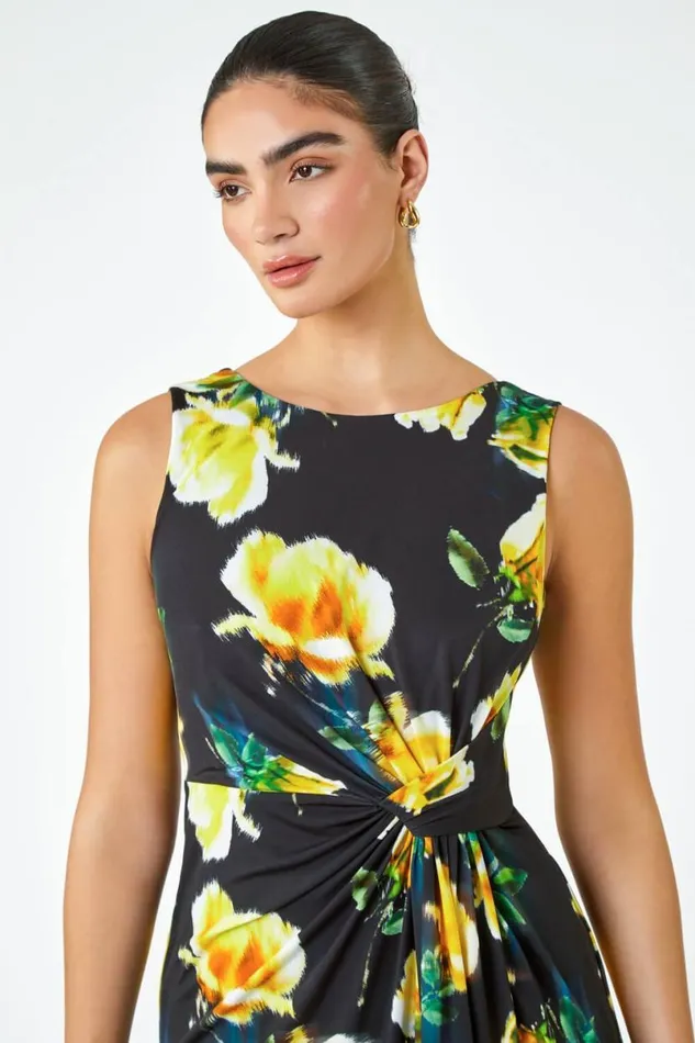 Black LIMITED Floral Twist Detail Ruched Dress Women Roman Dresses