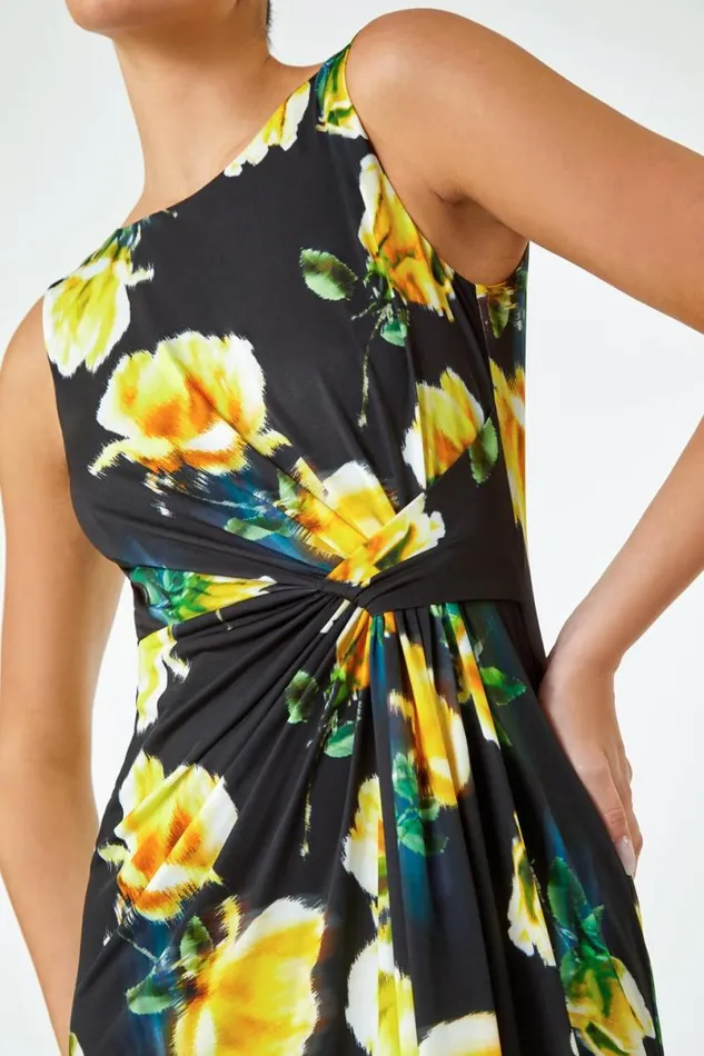 Black LIMITED Floral Twist Detail Ruched Dress Women Roman Dresses