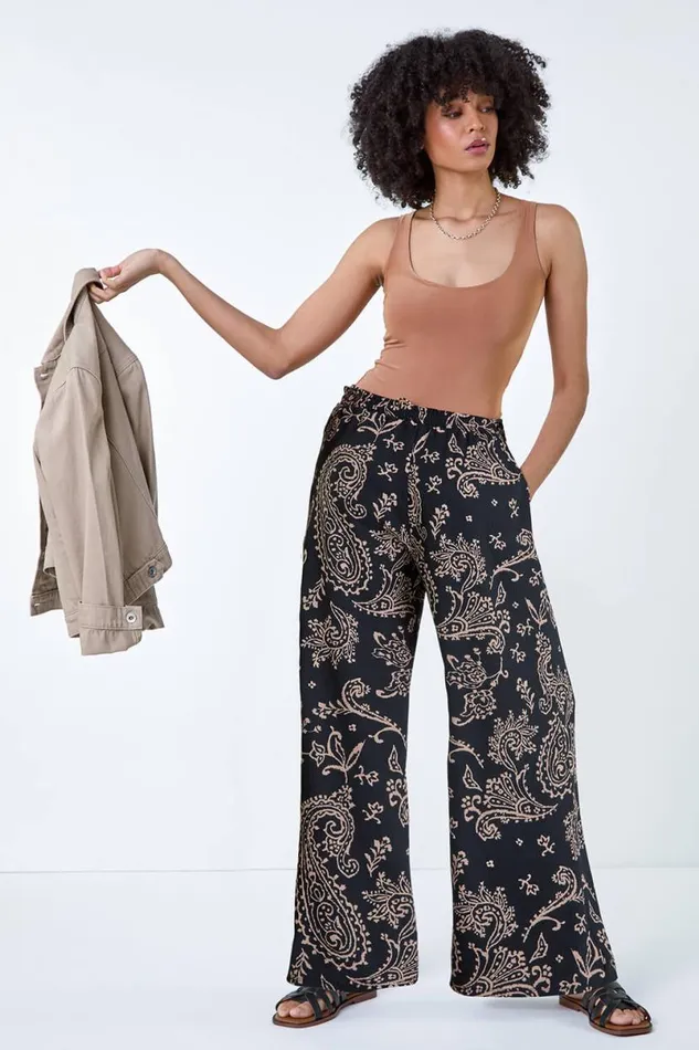 Black Paisley Print Textured Jersey Trousers Women Roman Trousers