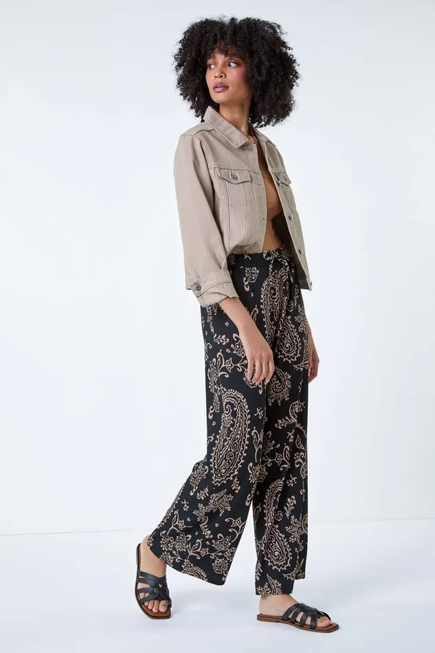 Black Paisley Print Textured Jersey Trousers Women Roman Trousers