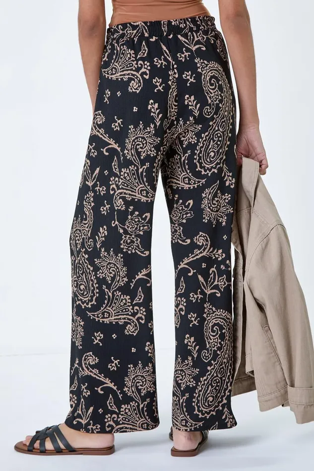 Black Paisley Print Textured Jersey Trousers Women Roman Trousers