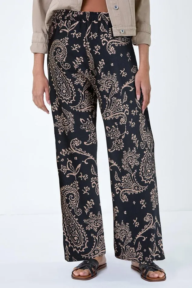 Black Paisley Print Textured Jersey Trousers Women Roman Trousers