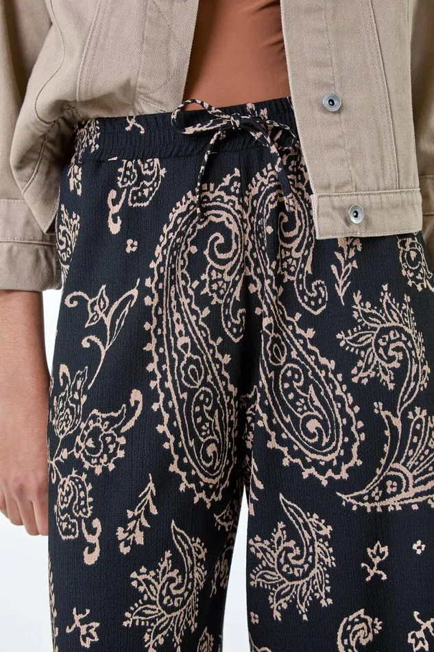 Black Paisley Print Textured Jersey Trousers Women Roman Trousers