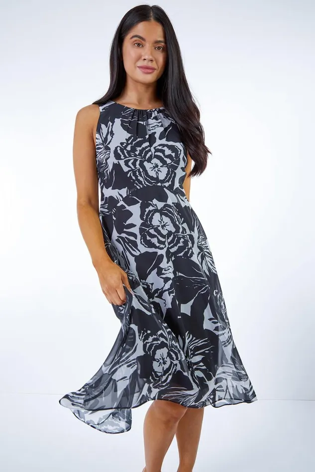 Black Petite Abstract Hanky Hem Asymmetric Dress Women Roman Dresses