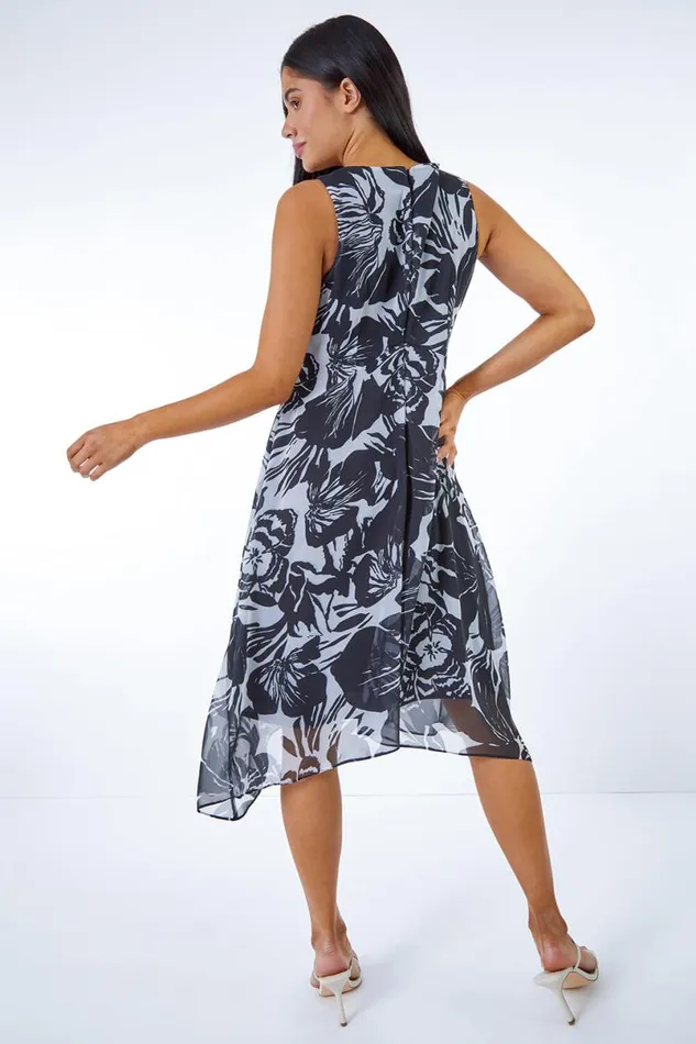 Black Petite Abstract Hanky Hem Asymmetric Dress Women Roman Dresses
