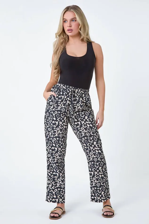 Black Petite Aztec Animal Pocket Trousers Women Roman Trousers