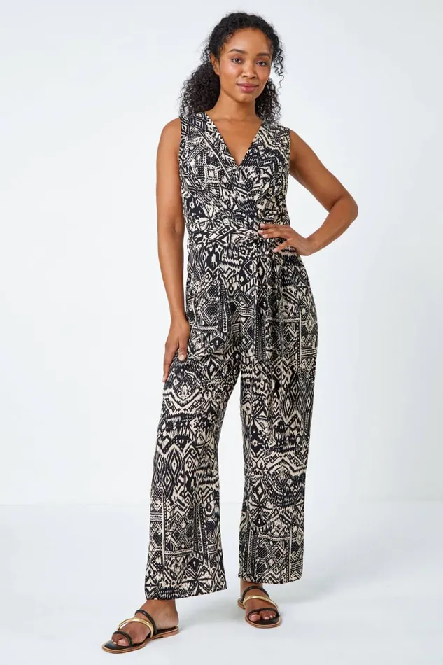 Black Petite Aztec Stretch Wrap Jumpsuit Women Roman Dresses