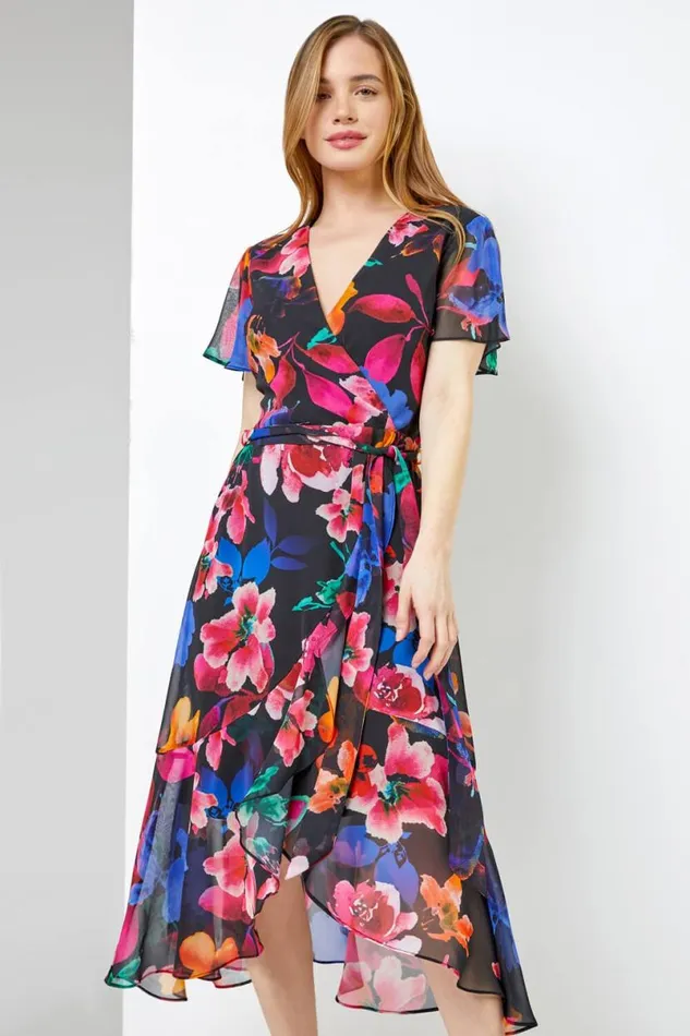 Black Petite Floral Chiffon Frill Wrap Dress Women Roman Dresses