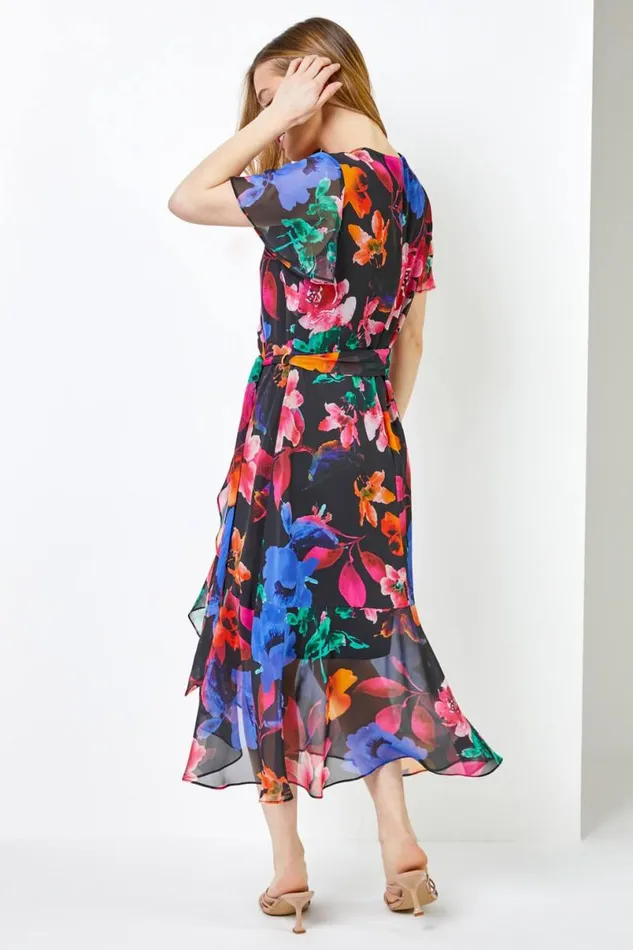 Black Petite Floral Chiffon Frill Wrap Dress Women Roman Dresses