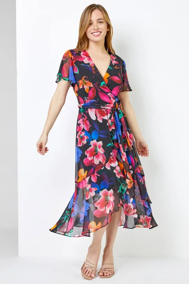 Black Petite Floral Chiffon Frill Wrap Dress Women Roman Dresses