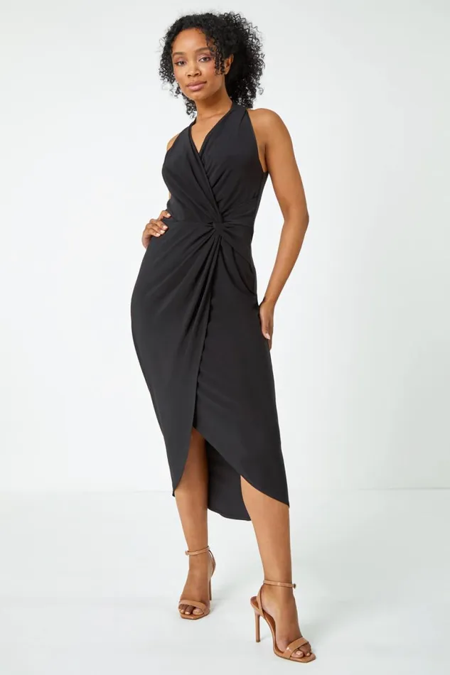 Black Petite Halter Neck Twist Wrap Dress Women Roman Dresses