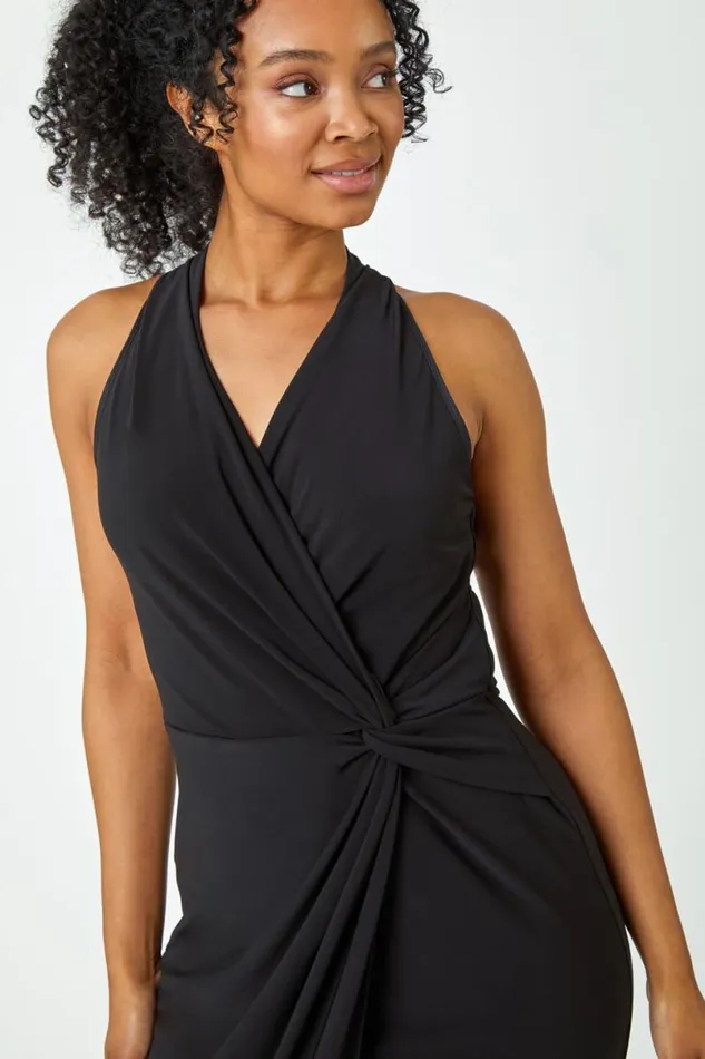 Black Petite Halter Neck Twist Wrap Dress Women Roman Dresses
