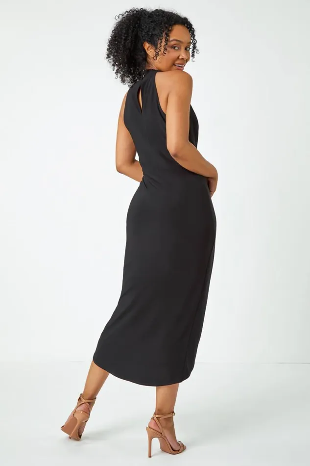 Black Petite Halter Neck Twist Wrap Dress Women Roman Dresses